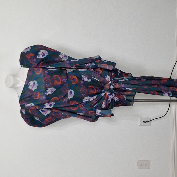 Burryco Floral Puff Sleeve Unique Dramatic Front Sash Multicolor Dress Size L - Picture 1 of 14